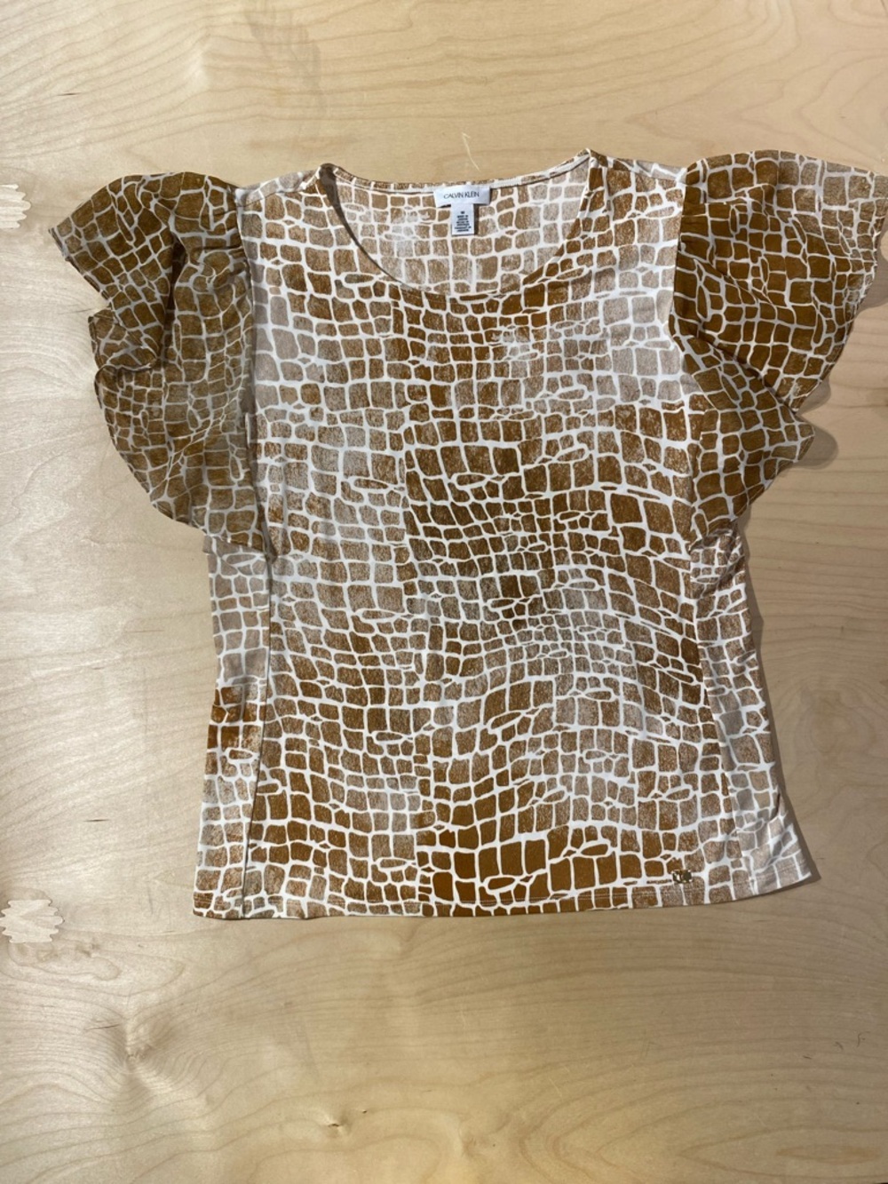 Calvin Klein Cream & Brown Croc-Print Puff Sleeve Top Medium (QY)